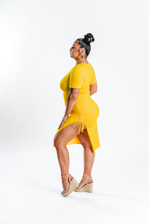 Golden Yellow Ruched Midi Dress