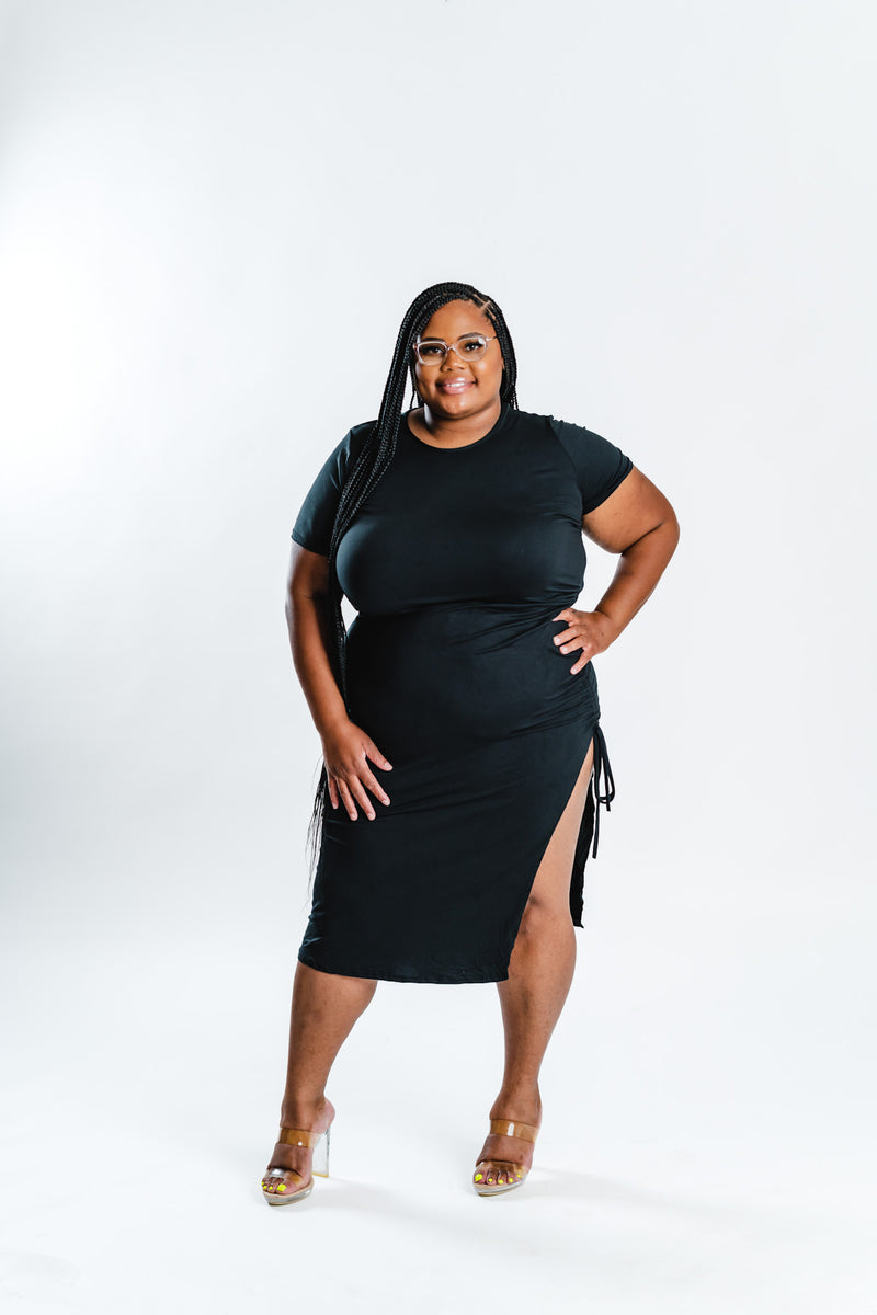 black ruched dress plus size Black Ruched Midi Dress