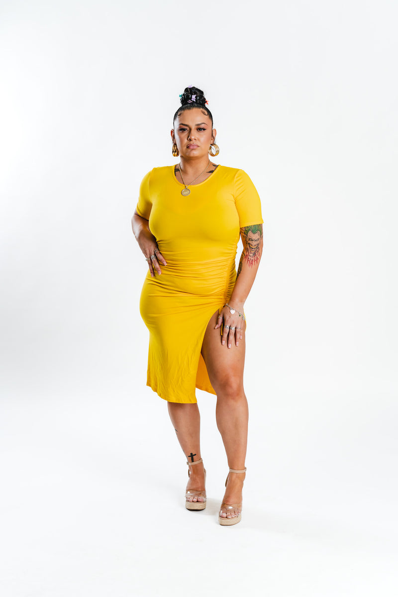 Golden Yellow Ruched Midi Dress Large